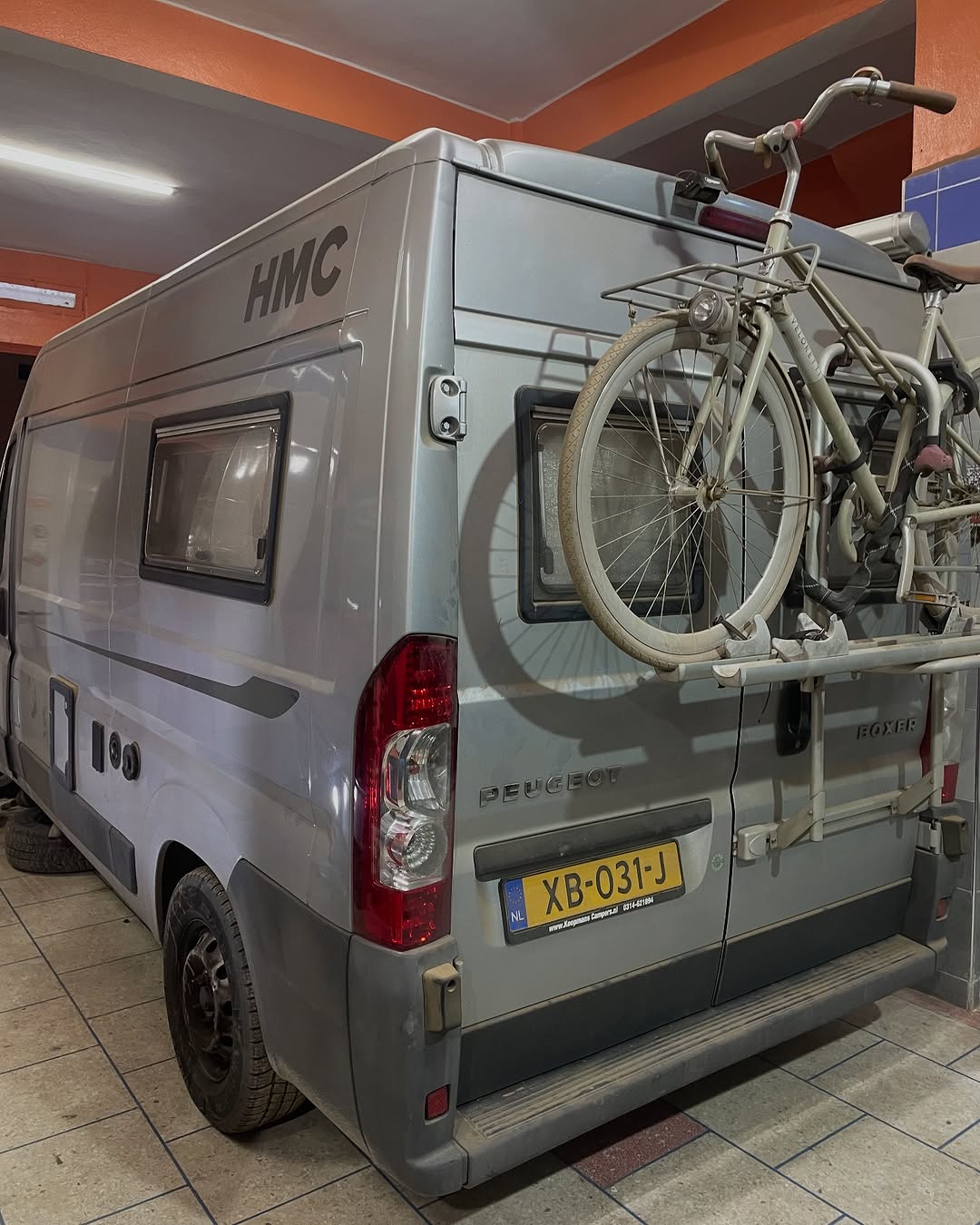 Second rear view of the Dutch Peugeot Boxer HMC camper with Dutch plate XB-031-J at Garage Iriki, Zagora